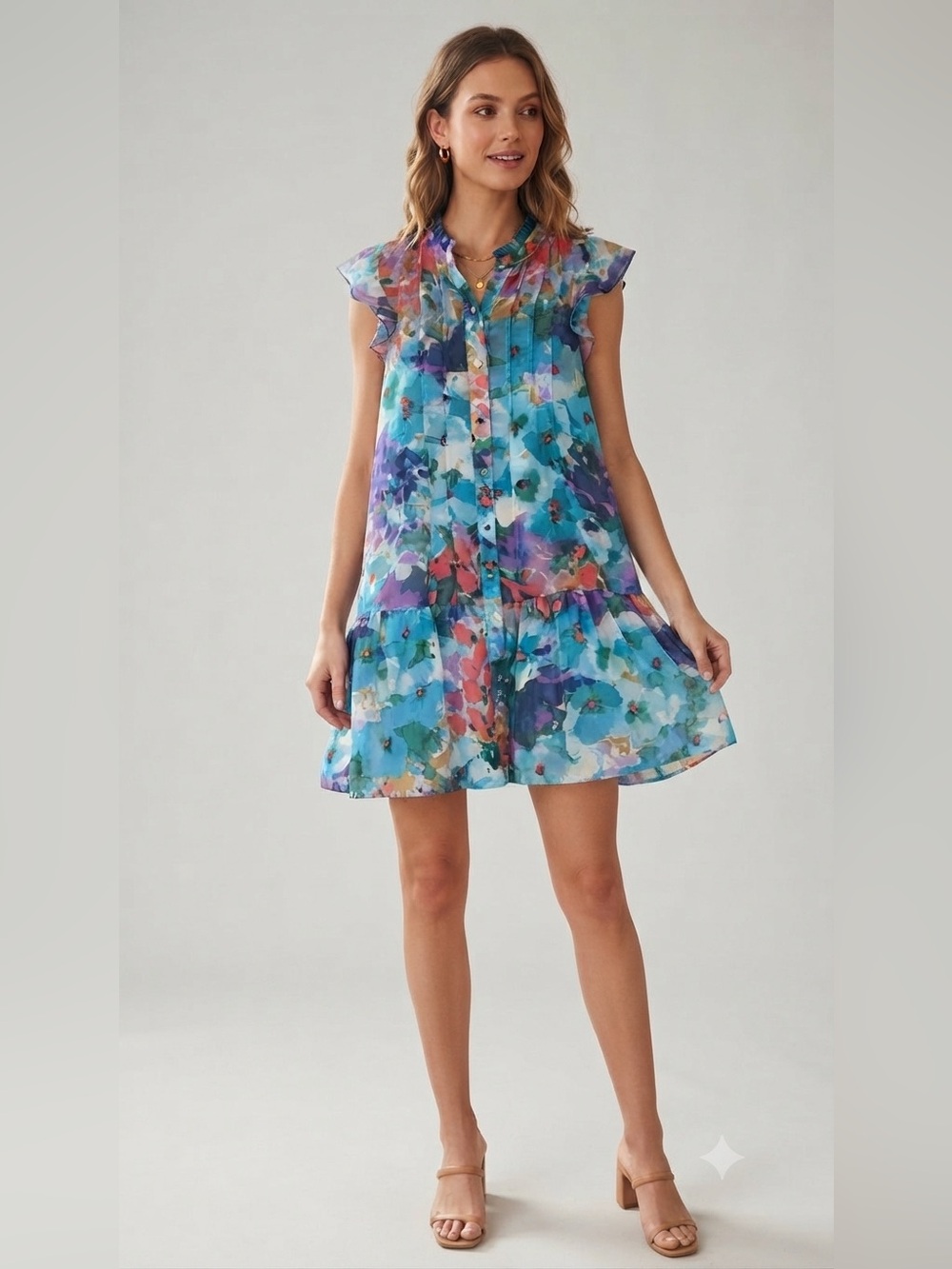 Julia Jordan Blue Watercolor Floral Ruffle Chiffon Blouse Size 6